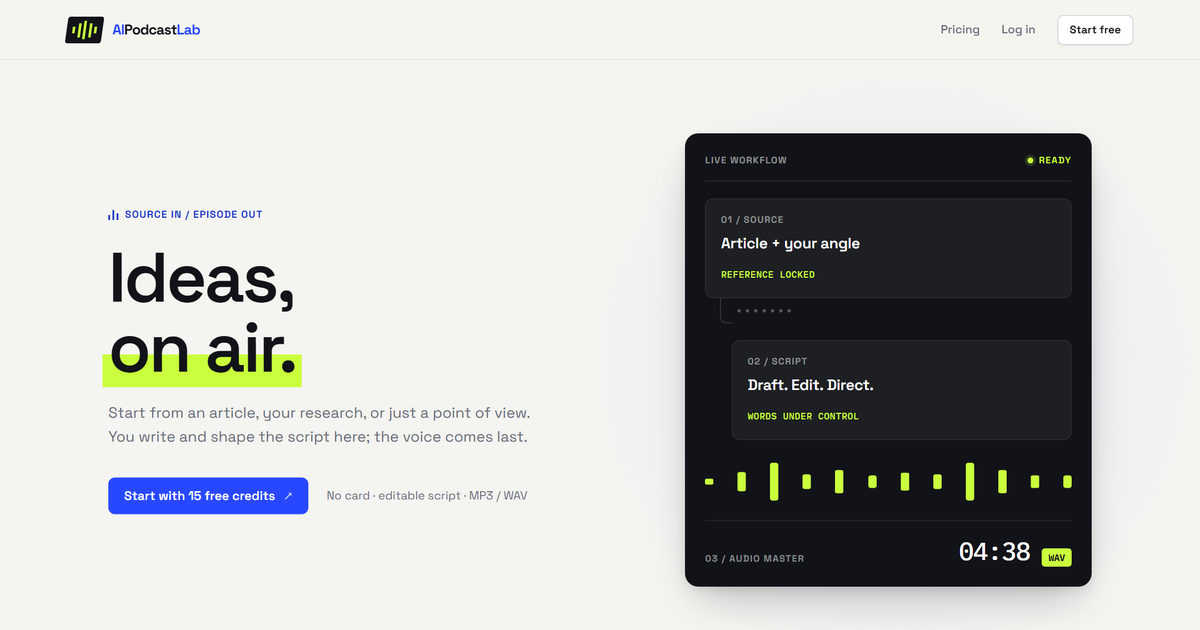 The redesigned AI Podcast Lab home page: ideas, on air