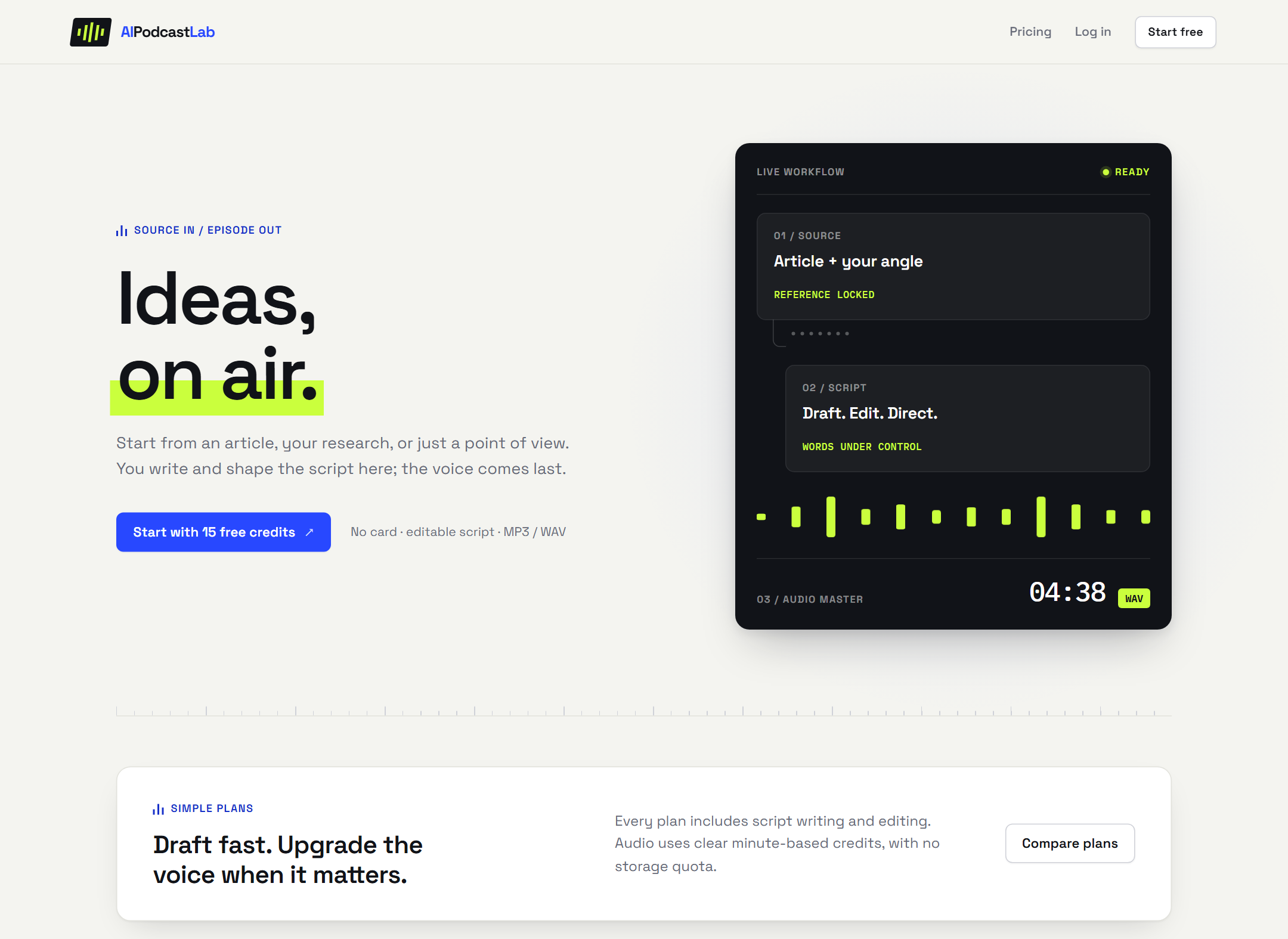 AI Podcast Lab website: ideas, on air - source in, episode out